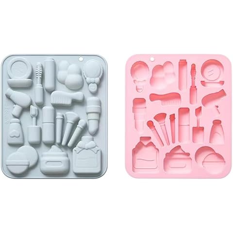Makeup Theme Silicone Molds Lipstick Perfume Mirror Cosmetic Brush Shaped Cake Fondant Molds 2PCS for Chocolate Pudding, Candy, Jelly, Soap Modeling, Birthday Party Supplies, 17 Styles Cover