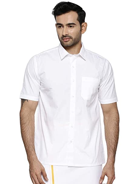 Image of Ramraj Cotton Men Solid Cotton White Half Sleeve Shirt Crafted For A Clean| Versatile| Comfortable look