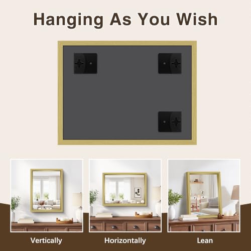 Image of Bathroom Mirror, 18 x 24 inch Natural Wood Grain Colored Aluminum Metal Frame Bathroom Vanity Mirror, Rectangle Wall Mirror for Bedroom Living Room, Tempered Glass, Horizontal or Vertical