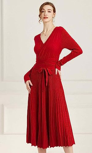 Image of Women's Long Sleeve Sweater Dress Ankle Length Fall Dress Vneck Knit Winter Dress