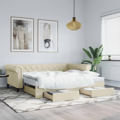 vidaXL Sofá Cama Nido con cajones Cuero sintético Crema 90x200 cm