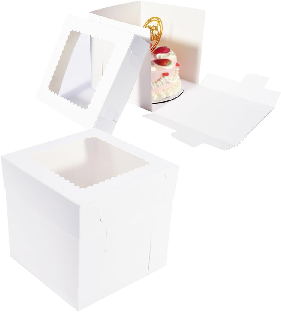 JJO Tall Cake Boxes with Window 30 Pack 8x8x8 Inch,White Cake Boxes,Cake Carrier, Disposable Cake Containers
