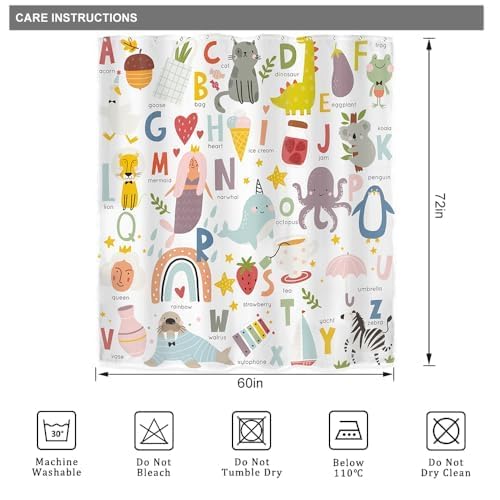 Riyidecor Kids Alphabet Shower Curtain for Bathroom Decor 72Wx72H ABC Educational Learning Tool Baby Cartoon Animals Colorful Girls Boys Art Printed Fabric Polyester Waterproof 12 Pack Plastic Hooks