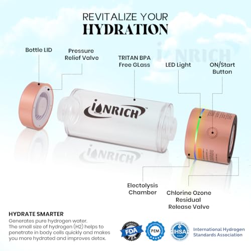 IONRICH HYDROGEN WATER Bottle- SPE-PEM Technology Platinum Plates No Chlorine Mixing -ORP -300 to -600 Hydrogen Purity 99.96% Upto 5000 ppb Drink Hydrogen Water Anytime Anywhere Get Health Benefits