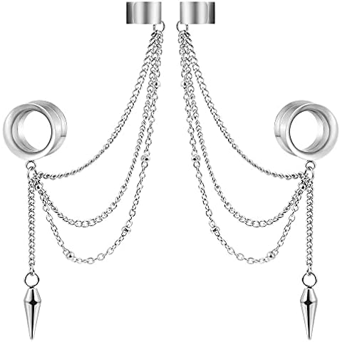 LADEMAYH 2PCS Ear Cuff Chains Plugs Tunnels Gauges Earrings Stainless Steel Non-Piercing Adjustable Cartilage Clip On Wrap Classy Tassel Dangle Taper Body Jewelry Silver 12mm=1/2" Cover