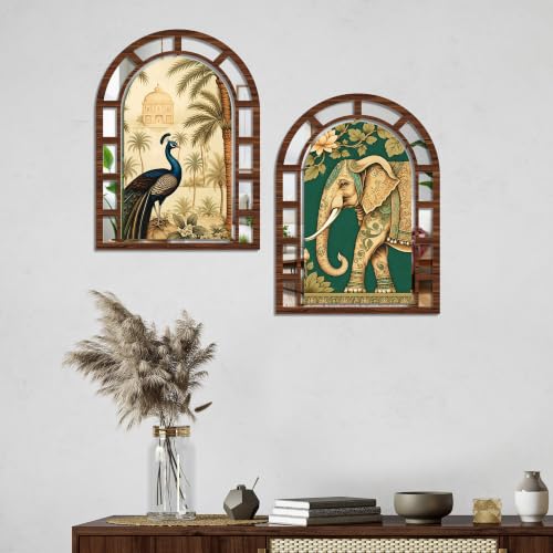 Image of Artvibes Decorative Elephant & Peacock Wall Hanging | Jharokha Mirror Wall Decor for Living Room, Bedroom, Hall, Dining Room, Foyer & Entryway | Gift (WHJ 12052N), Set of 2