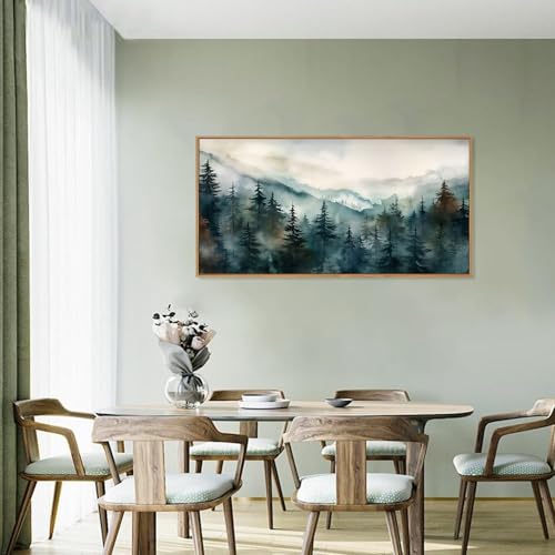 Image of KAIRNE Watercolor Misty Forest Framed Canvas Wall Art Set, Nature Landscape Wall Decor, Foggy Mountain Pine Trees Wall Painting, Jungle Scenery Artwork for Living Room, Bedroom, Office-40 x20 x1