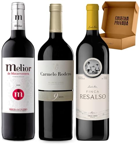 Pack Vinos Ribera del Duero - Envio 24h - Vinos Regalo -F.Resalso, C. Rodero 9m, Melior de Matarromera - Cosecha Privada (3 x Botella 75 cl, 1.06)