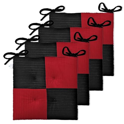 Zalvox Office Stacking Chair Cushions 4 Pack, Corduroy High Density Foam Kitchen Seat Cushions with Ties, Square 17" x 17" Indoor Non-Slip Dining Chair Pads, Black+ Red，4pcs