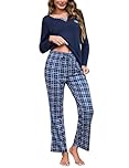 Bresdk Womens Pyjamas Sets Cotton Long Sleeve Pjs Soft Lounge Wear Sets Winter Warm Sleepwear for Ladies with Pockets Blue L