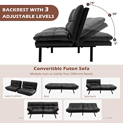 COSTWAY 2/3 Seater Convertible Sofa Bed, Click Clack Sleeper Couch with Reclining Backrest, Adjustable Armrests & 6 Metal Legs, Padded Loveseat for Living Room and Bedroom (PU Leather, Black)