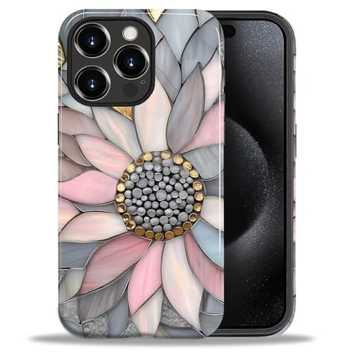 Coque iPhone 15 Pro tournesol mosaïque rose rigide antichoc