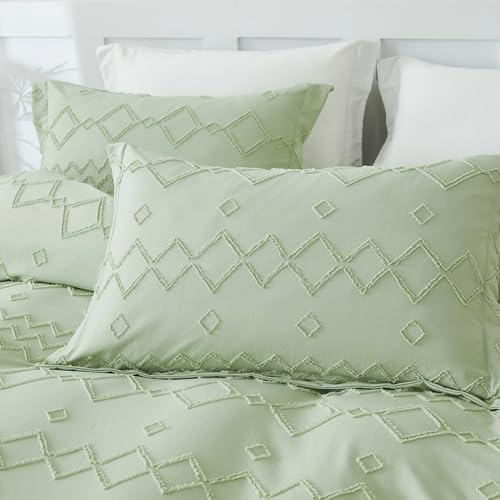 Image of EMME Boho Duvet Cover Queen Size Sage Green - 3 Pieces Soft & Breathable Tufted Shabby Chic Embroidery Bedding for All Seasons, 1 Duvet Cover with 2 Pillow Shams & Zipper Closure (Sage Green, Queen)