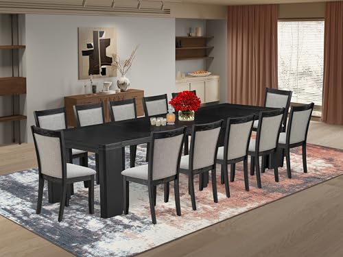Image of X12MZ-006-06 - 13-piece Dining Room Table Set a Rectangular Dining Table and 12 Shitake Linen Fabric Dining Chair, 39x120 Inch, Wire Brushed Black