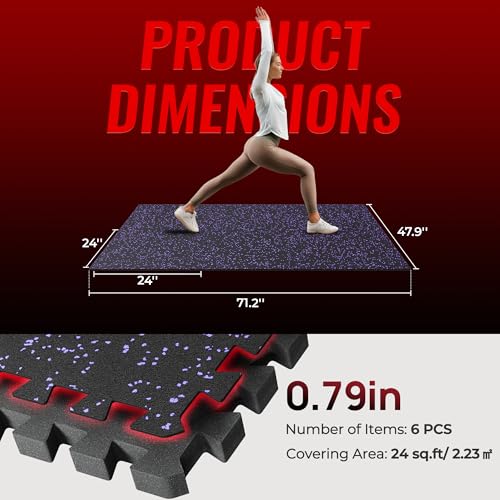 Image of SUPERJARE 0.79'' Extra-Thick Exercise Equipment Mats, 6 Pcs 24 Sq Ft Rubber Top Floor Tiles with High Density EVA Foam, Interlocking Gym Flooring for Home Gym, Protective Workout Mat, Black /Purple