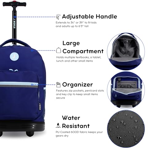 Image of J World Sunrise Kids Rolling Backpack with Wheels for Girls Boys, Roller Bookbag for School, 18 x 13 x 9 Inches, Navy