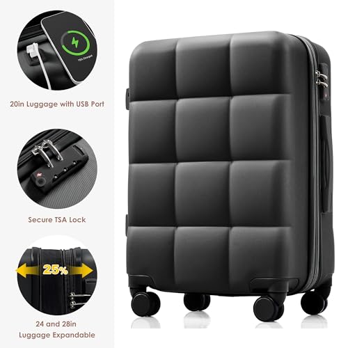 Merax 4 Piece Luggage Set, 20” with USB Port, Expandable ABS Durable Suitcase with Travel Bag, Cup Holder, ABS Hard Shell Luggage with Spinner Wheels, Black+Brown4
