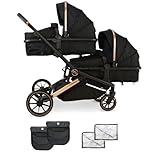 My Babiie MB33 Tandem Pushchair – Birth to 15kg Double Stroller, Twin Convertible Seat Units, 11 Configurations, Duo, Rain Covers – Rose Gold Black