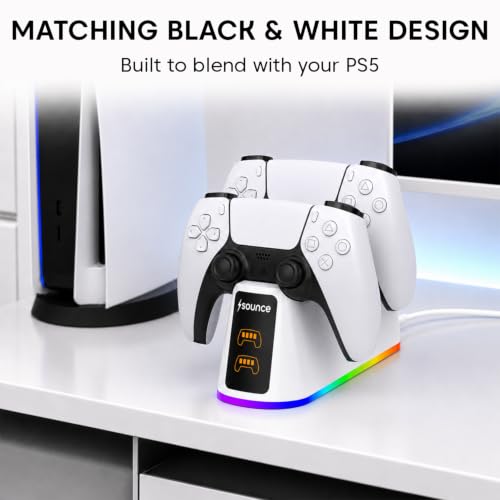 Image of Sounce PS5 Controller Charging Station, 2-Hour Fast Dual Charger Dock for PlayStation 5 DualSense Controllers, Charges Two Controllers at Once with 2 Included Charging Cables (White).