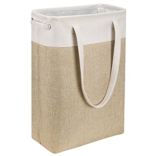 Image of i BKGOO Laundry Basket with Handles Beige&Khaki-Slim Laundry Bin Collapsible Dirty Clothes Basket Narrow Laundry Bag Foldable Dirty Hamper for Camping, Dorms, Apartments