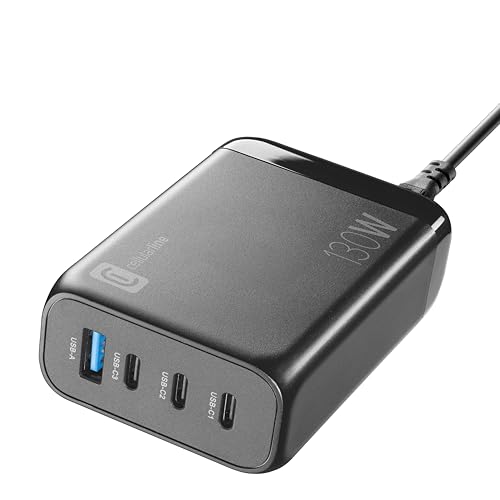 Cellularline - Multipower Desk GaN 130W - Caricabatterie da Rete 4 Porte Ultracompatto - 3 USB-C e 1 USB-A - Tecnologia GaN - Per Smartphone, Tablet e Laptop - Nero