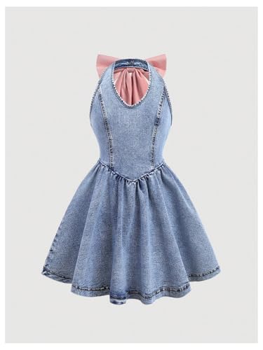 Floerns Girl's Cute Bowknot Backless A Line Denim Dress Sleeveless Halter Dresses2