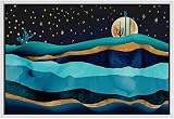 SIGNFORD Framed Canvas Print Wall Art Gold Teal Moon Marble Mountain Range Nature Wilderness Illustrations Modern Art Rustic Zen Landscape Colorful for Living Room, Bedroom, Office - 16'x24' White