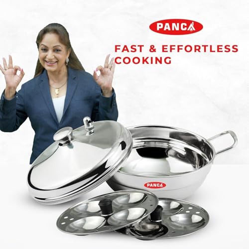 Image of PANCA Stainless Steel Multi Purpose Kadai with Steel Lid, Idli Maker 2 Idli Plate 8 Cavity Idli Cooker Stainless Steel Idly Pot with Steamer (2 Plate 8 Cavity)