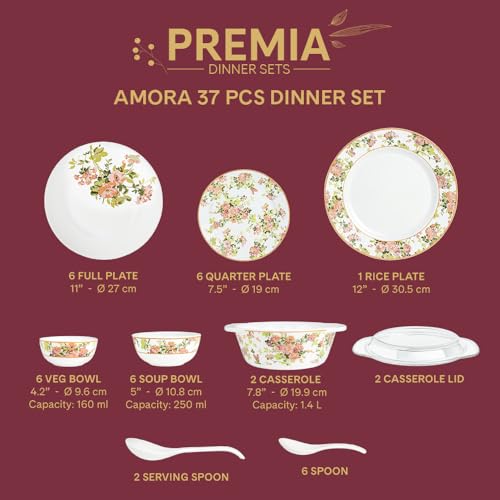 Image of Larah by Borosil 37pc Opalware Amora Dinner Set for Family of 6 | Microwave & Dishwasher Safe Crockery Set for Dining & Gifting | Plates & Bowls