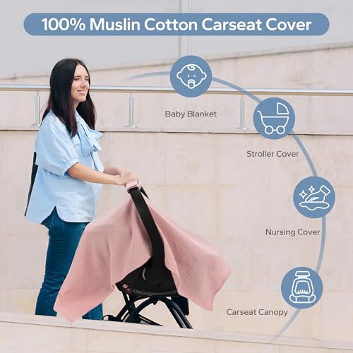Image of SERAPHY 100% Muslin Cotton Car Seat Cover Baby, Universal Carseat Covers, Breathable Baby Car Seat Canopy for Boys Girls, Soft Infant Car Seat Cover for Summer -Pink
