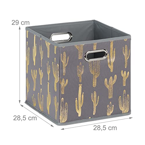 Relaxdays Folding Storage Box, Square, 29 x 28.5 x 28.5 cm, Shelf Tidy with Handle Holes, Without Lid, Cactus, Grey/Gold - Image 4