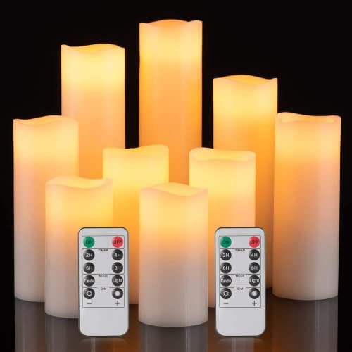 Baleid Flameless Candles Battery Operated 4″ 5″ 6″ 7″ 8″ 9″ Set of 9 Ivory White Real Wax Pillar LED Candles with Remote Control, Cycling 24 Hours Timer (2.2 inch,9 Pack)