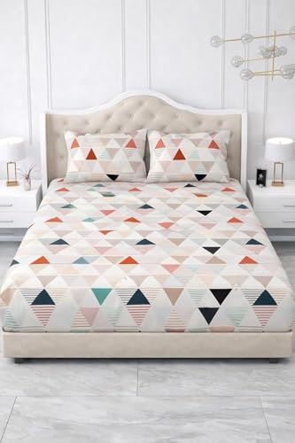 Image of 300 TC Cotton Feel Glace Cotton Elastic Fitted Bedsheet for King Size Double Bed | Fits up to 8 Inch Mattress | Printed Bedsheet with 2 Pillow Covers (White Zik Zak, Double Size - 72 inchx72 inch)