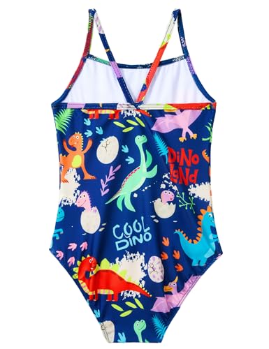 Image of Girls Swimsuit Size 6-7 Years Old Blue Cartoon Dinosaur One Piece Sleeveless Swimwear UV 50+ Swimming Wear
