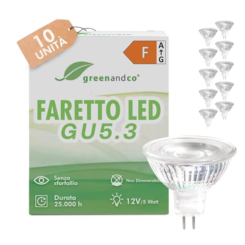 greenandco 10x MR16 GU5.3 | sostituisce 40W | bianco caldo 3000K | 5W 430 lm | 38° | senza sfarfallio | COB LED spot | 12V AC/DC | non dimmerabile