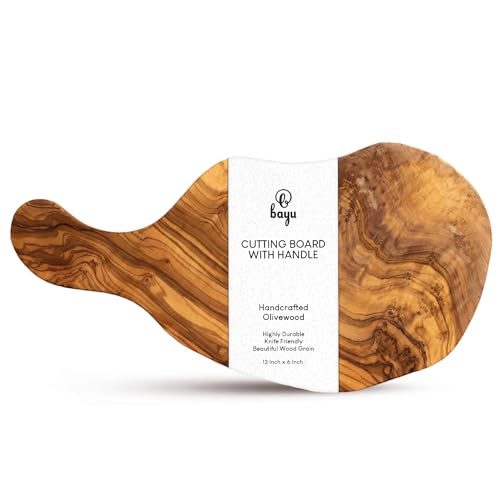 Tábua de corte de madeira de oliveira feita à mão com alça para cozinha, acabamento natural rústico,