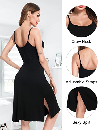 Vlazom Women's Nightdresses Soft Full Slip Split Spaghetti Strap Chemises Wavy Hemline Negligee Nightgown B-Black #TOP3