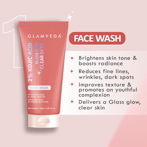 Image of Glamveda 2% Kojic Acid Skin Care Combo | Brightening Facewash & Gel Cream | Remove Fades Dark Spots, Pigmentation & Acne Scars | Evens Skin Tone | Blemishes & Boosts Radiance | Women & Men 200ml