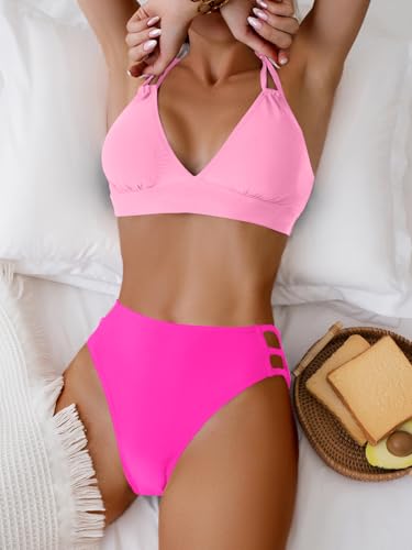 Image of Fanuerg Women's Sexy V Neck Bikini Sets Hollow Out Two Piece Swimsuits Cutout Mid Waist Bathing Suit