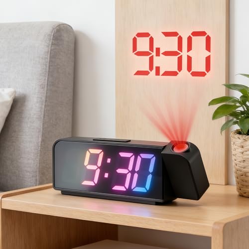 Probuk Réveil Projecteur Plafond 180° avec Température, Horloge Numérique LED à Luminosité Réglable, Chiffres Colorés, USB, pour Chambre et Bureau（Noir）