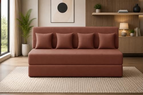 Image of Sofa Cum Bed with Jute Fabric, Convertible Four Seater Sofa Bed 6x6 Ft, Comfortable Cushioned Seating, Space Saving Design for Living Room, Bedroom & Guest Room - Brown Color