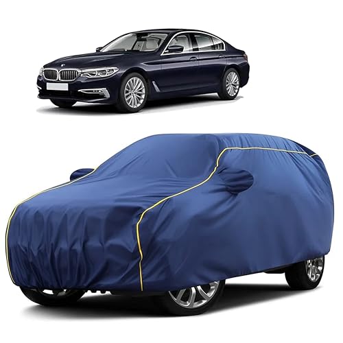 Image of Sulfar 100% Water Resistant Car Body Cover Compatible with Mirror for BMW 520D (Triple Stitched, Full Bottom Elastic, Blue Taffeta with Yellow Piping)