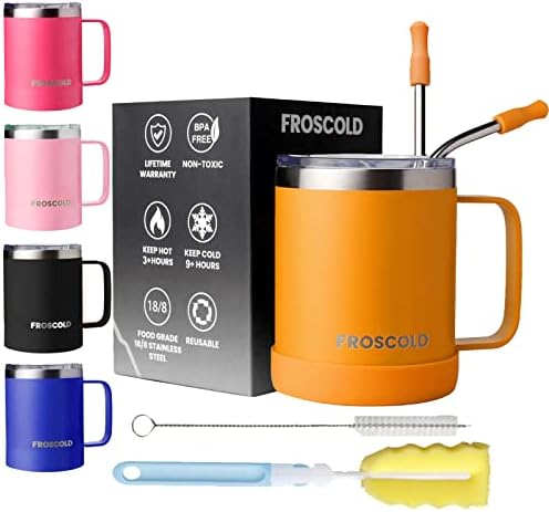 FROSCOLD Insulated Coffee Mug with Lid & Straw, 12oz Double Wall Camping Mug Tumbler with Handle, Reusable Stainless Steel Travel Coffee Mug, Thermal Coffee Cup for Outdoor, Office, Gift (Orange)
