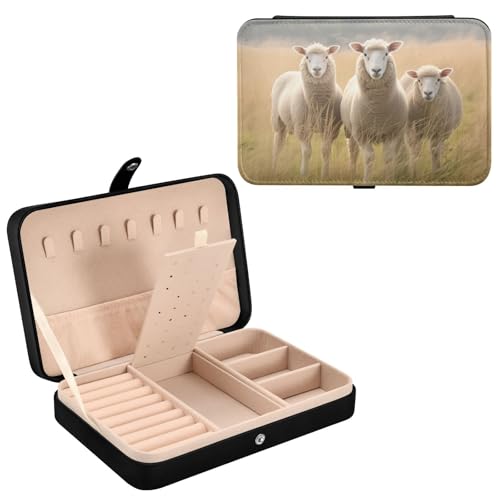 Haskirky Cute Sheeps Jewelry Box Portable PU Leather Travel Jewelry Organize for Women Jewelry Storage Display Holder for Ring, Necklace, Earring