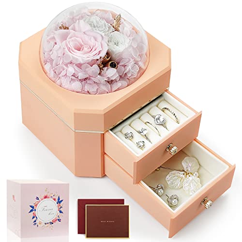 SENJWARM プリザーブドフラワー プレゼント 記念日 枯れない花 バラ 彼女 妻 結婚式 記念日 贈り物 バレンタインデー、Valentine、ホワイトデー、人気 記念日 友達 女の人 退職祝い 引越し祝い 入学 卒業 母の日 2in1 大容量 flower box ブリザードフラワー ジュエリーボックス(メッセージカード付き)
