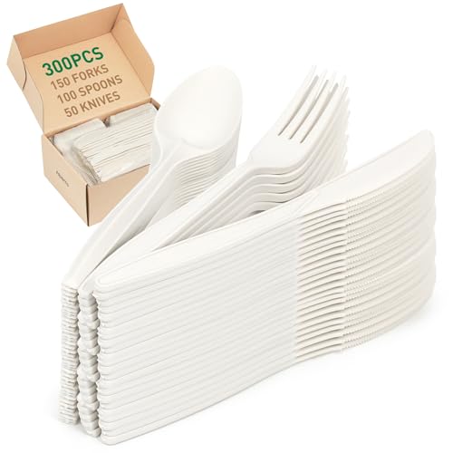 100% Compostable Cutlery Set - 300pcs (150 forks, 100 spoons, 50 knives) Ivory