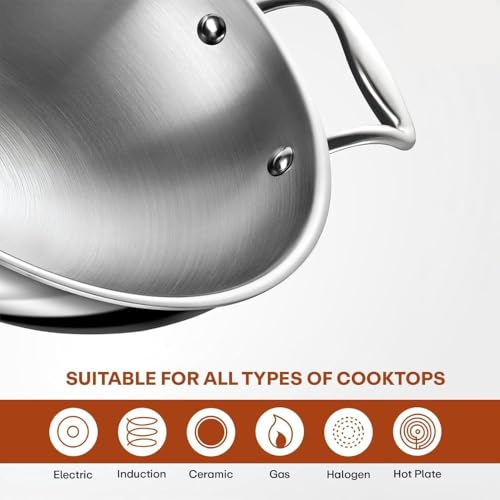 Image of HORNBILLS Triply Stainless Steel Kadai /Kadhai Without Lid - 3.2 L, 26 cm | 2.5mm Thick Base, Even Heating No Hotspot, Less Oil Healthy Cooking, Heavy Bottom Induction Cookware Kadhai for Cooking