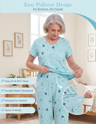Image of American Trends 2 Pack Womens Pajama Sets Two Piece, Soft Cotton Blend Sleepwear V Neck Tops with Capri Pants Summer PJ Set