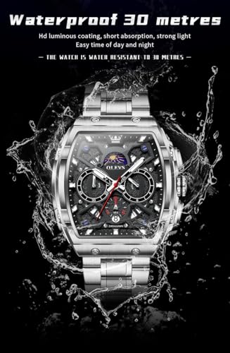 Image of OLEVS Men Watches Business Dress Chronograph Big Square Quartz Analog Male Watch Silicone Strap Waterproof Date Gift Mens Wrsit Watch Silver