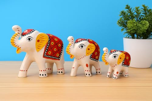 DreamKraft Paper Mache Elephant Showpiece Idols, White, Set of 3 | Handcrafted, Home Decor, Gift Purpose